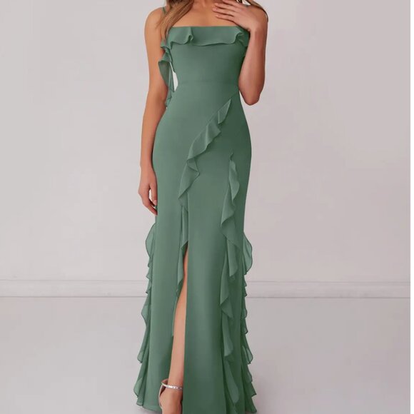 Brand New Barbie x Azazie Chiffon Ruffle Column Dress with Leg Slit Eucalyptus - Picture 1 of 8